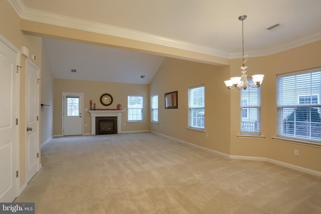 unfurnished living room featuring crown molding, lofted ceiling, light colored carpet, and a notable chandelier