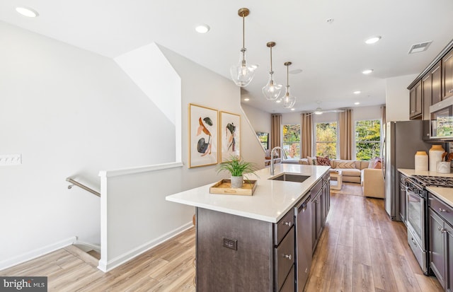 kitchen with appliances with stainless steel finishes, an island with sink, sink, hanging light fixtures, and dark brown cabinets