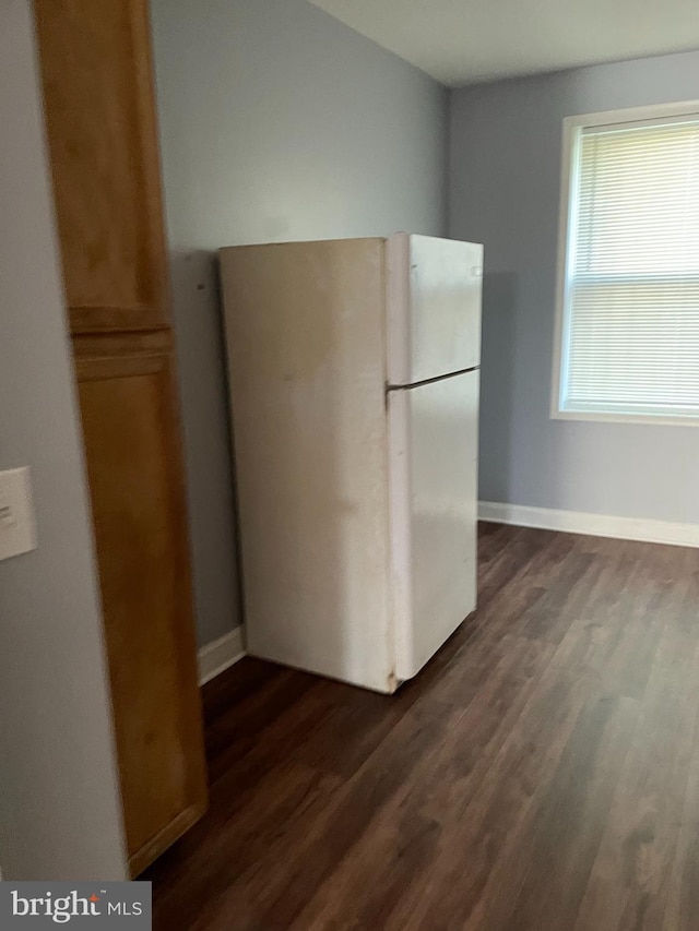 kitchen with white fridge and dark hardwood / wood-style flooring