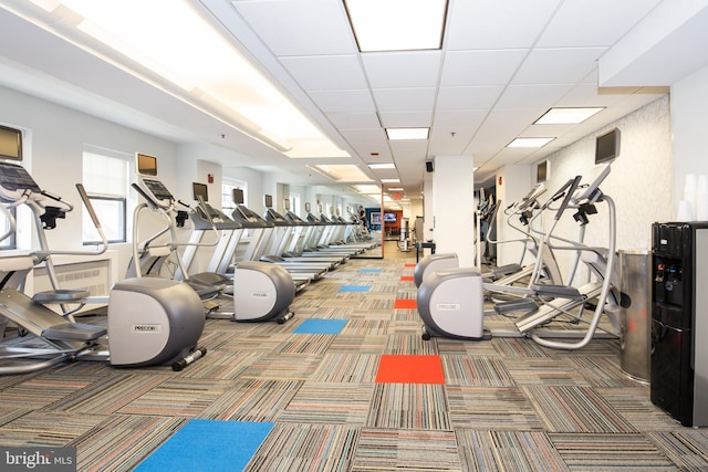 gym featuring carpet floors and a drop ceiling