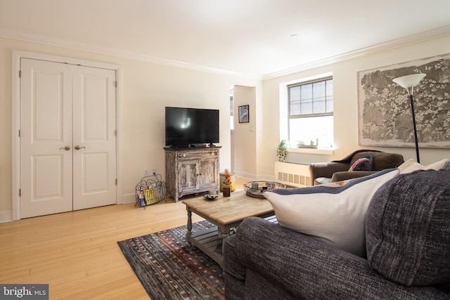 living room with crown molding and light wood-type flooring