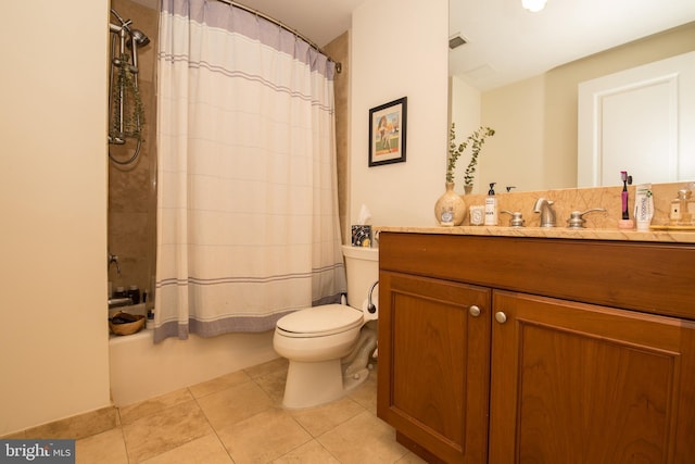 full bathroom with shower / tub combo with curtain, tile patterned floors, toilet, and vanity