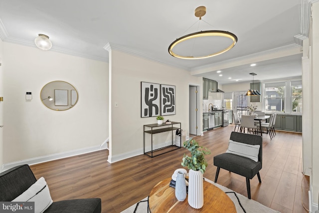 living room with dark hardwood / wood-style flooring, sink, and ornamental molding