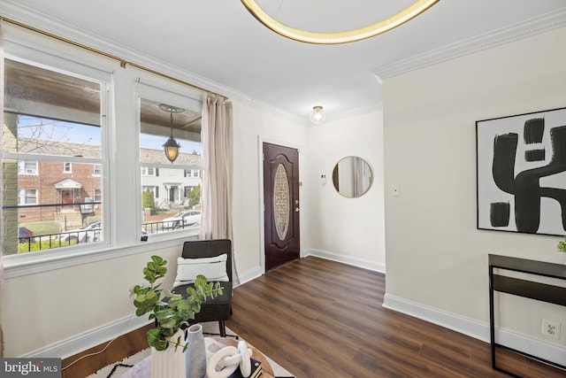 foyer entrance featuring dark wood-type flooring and ornamental molding