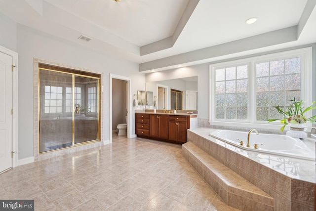 full bathroom featuring vanity, a tray ceiling, plenty of natural light, and toilet