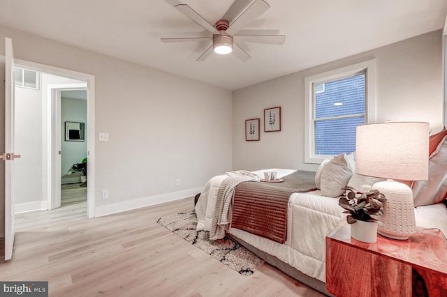 bedroom with light hardwood / wood-style floors and ceiling fan