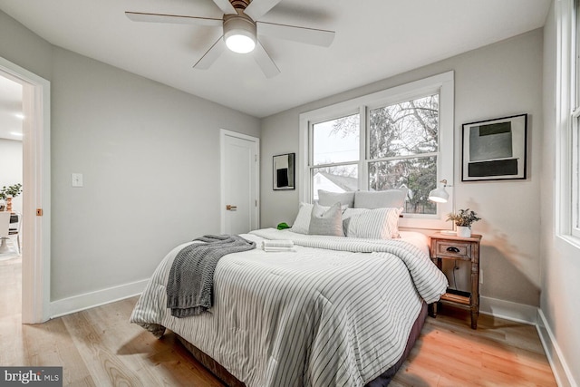 bedroom with ceiling fan and light hardwood / wood-style floors