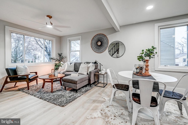 living room with ceiling fan and light hardwood / wood-style floors