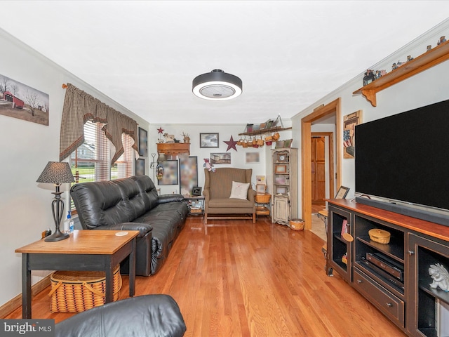 living room with ornamental molding and light wood-type flooring