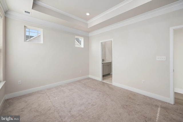 carpeted empty room with ornamental molding and a raised ceiling