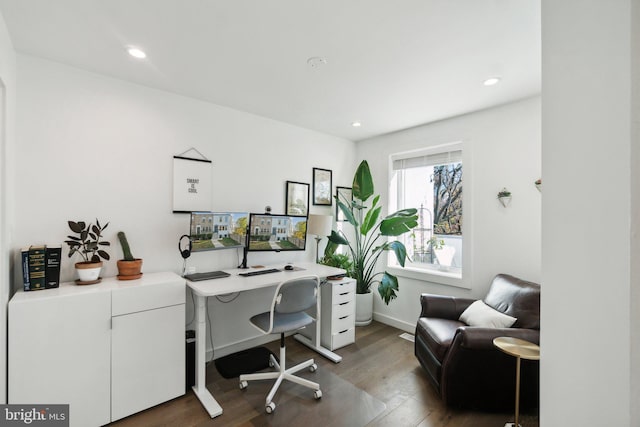 home office featuring dark wood-type flooring