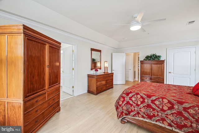 bedroom with ceiling fan and light wood-type flooring