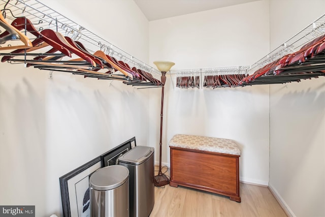 walk in closet with light hardwood / wood-style floors