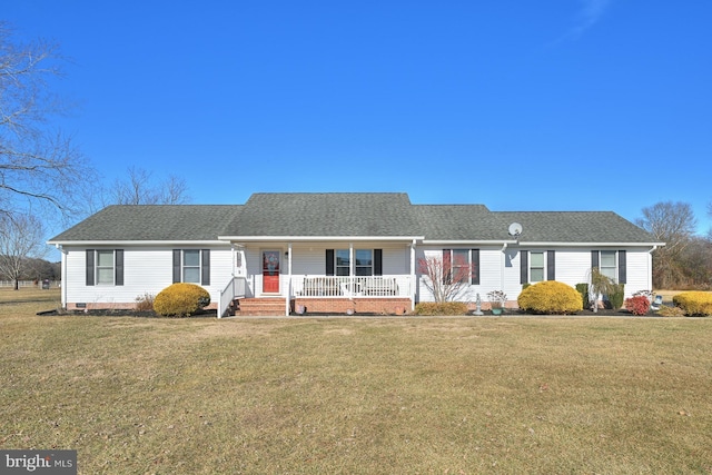 ranch-style home with a porch and a front lawn