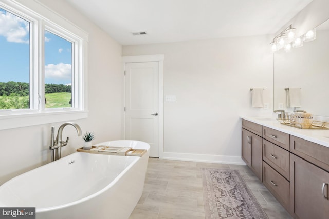 bathroom featuring vanity and a washtub