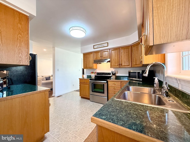 kitchen with sink, stainless steel appliances, and kitchen peninsula