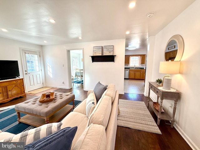 living room with dark wood-type flooring and sink