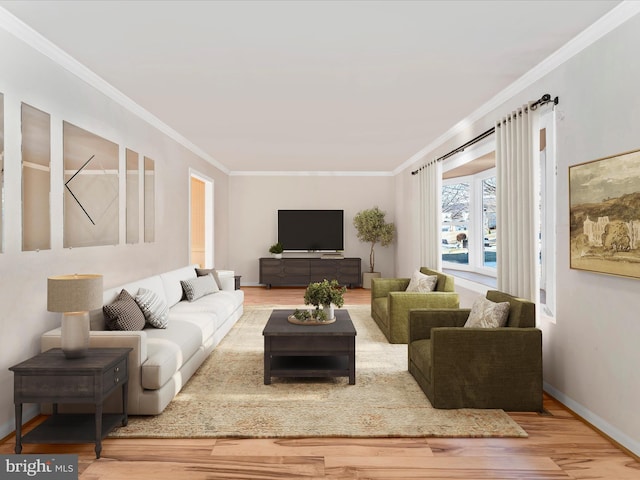 living room featuring baseboards, wood finished floors, and crown molding