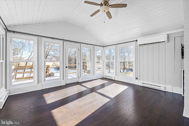 unfurnished sunroom featuring ceiling fan, a wall mounted AC, vaulted ceiling, and a baseboard heating unit