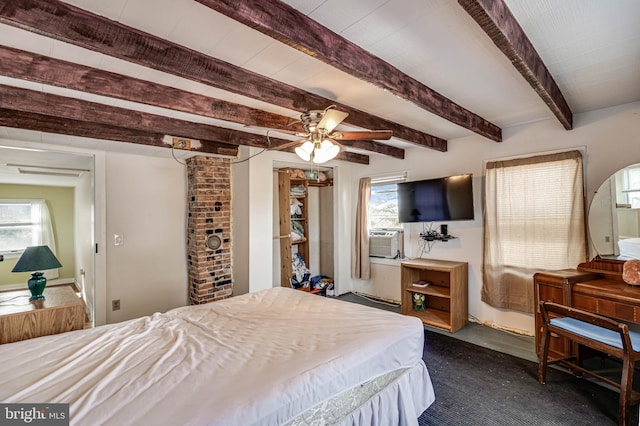 bedroom with beamed ceiling, ceiling fan, and cooling unit