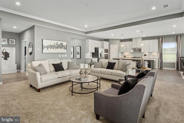 carpeted living room with a raised ceiling and sink