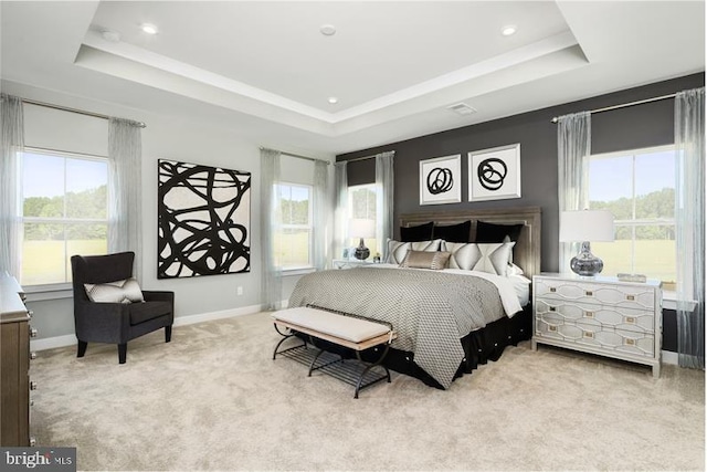 carpeted bedroom with a tray ceiling