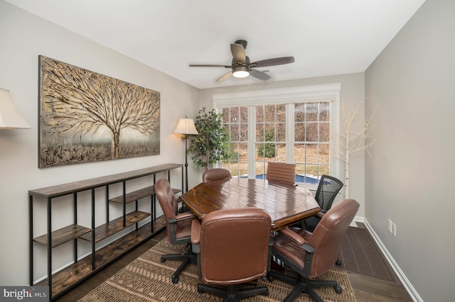 dining room featuring dark hardwood / wood-style flooring and ceiling fan