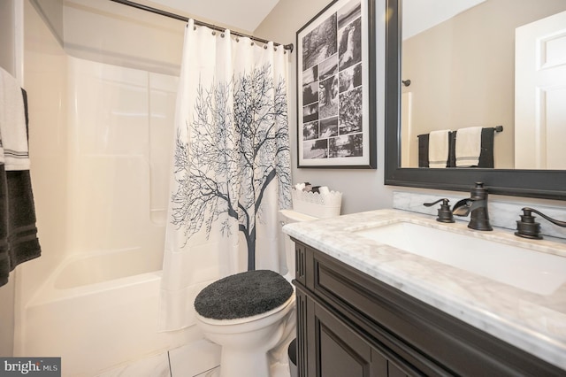 full bathroom with vanity, shower / bath combination with curtain, and toilet