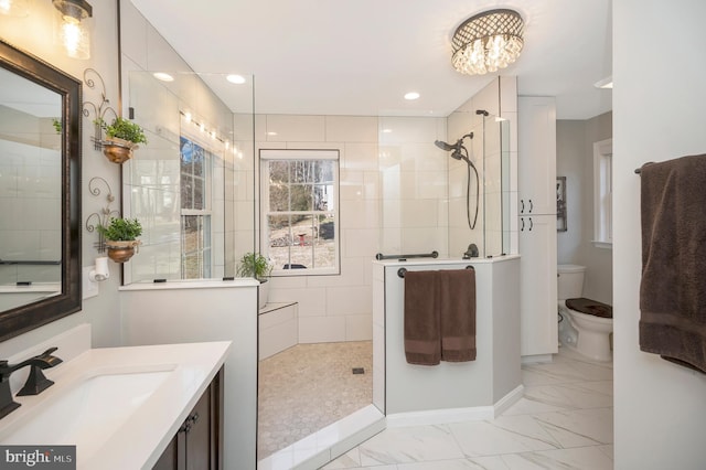 bathroom with tiled shower, vanity, and toilet