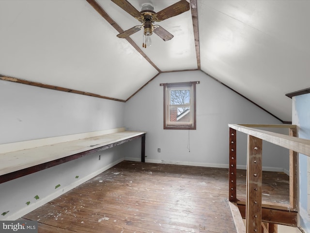 additional living space featuring ceiling fan, lofted ceiling, and hardwood / wood-style floors