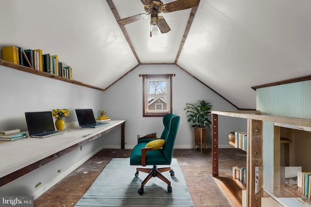 office area featuring lofted ceiling, hardwood / wood-style floors, and ceiling fan