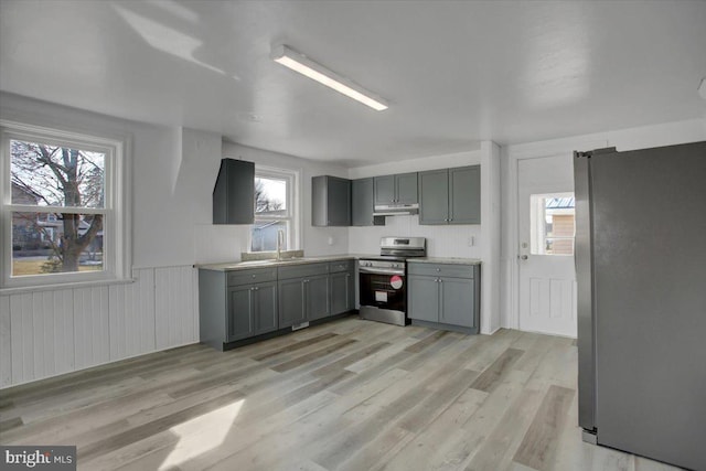 kitchen with gray cabinetry, sink, stainless steel appliances, and light wood-type flooring