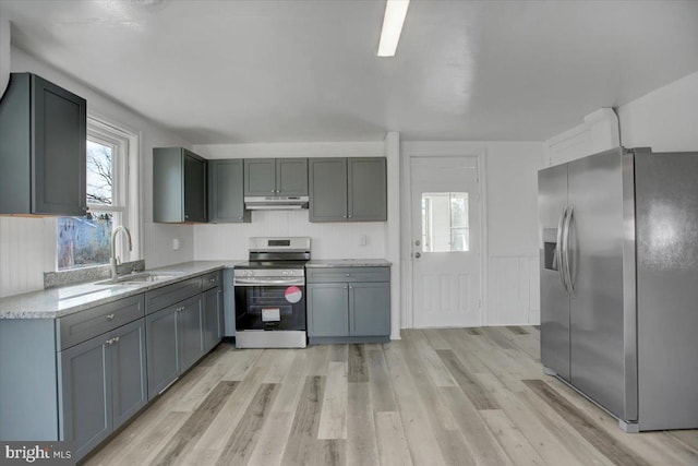 kitchen with sink, gray cabinets, stainless steel appliances, and light wood-type flooring