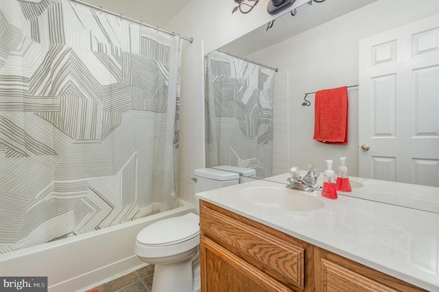 full bathroom with shower / tub combo, vanity, toilet, and tile patterned flooring