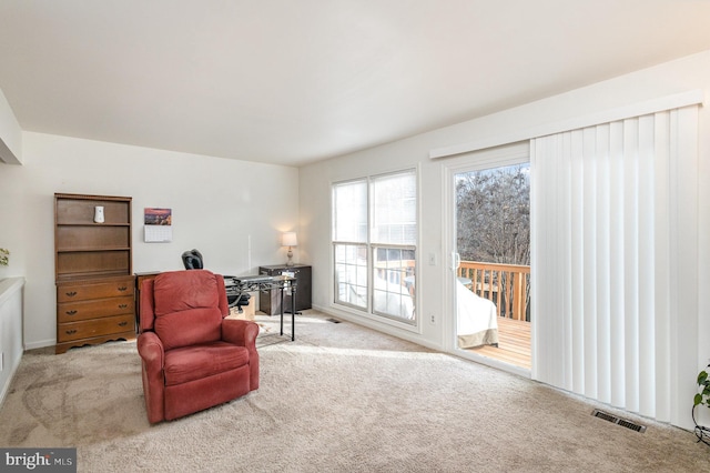 sitting room featuring light carpet