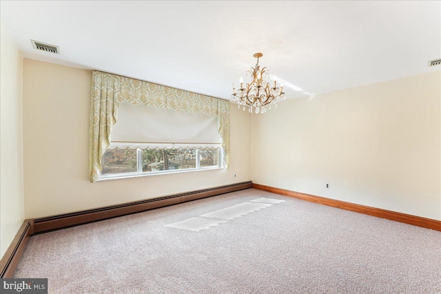 carpeted spare room with a baseboard heating unit and a notable chandelier