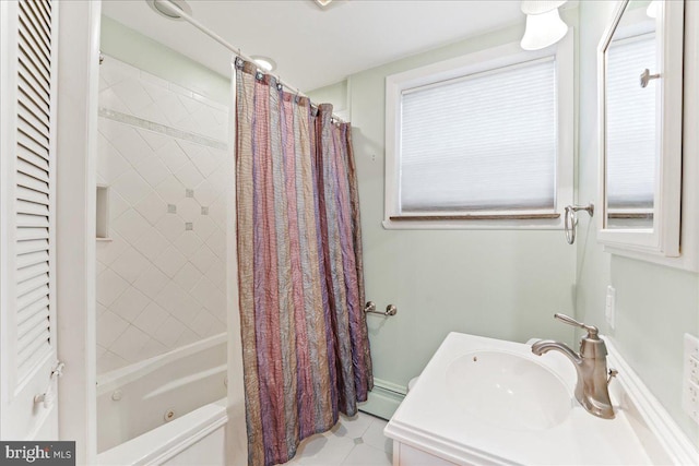 bathroom featuring shower / bath combination with curtain, vanity, and a baseboard heating unit