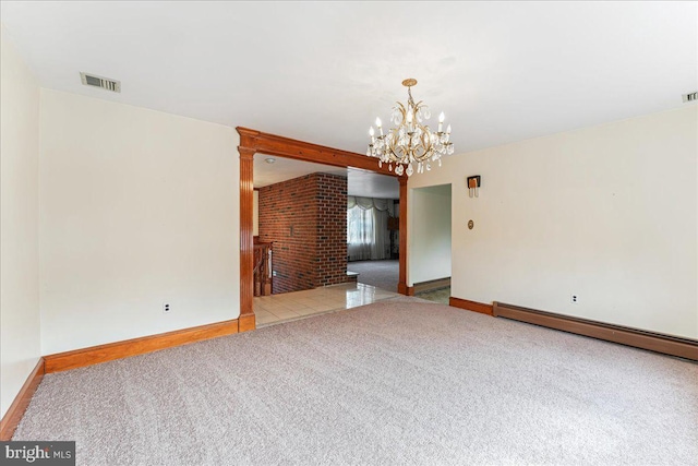 unfurnished living room featuring light carpet, an inviting chandelier, and baseboard heating