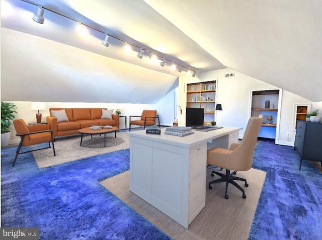 office with vaulted ceiling, built in features, and dark hardwood / wood-style floors