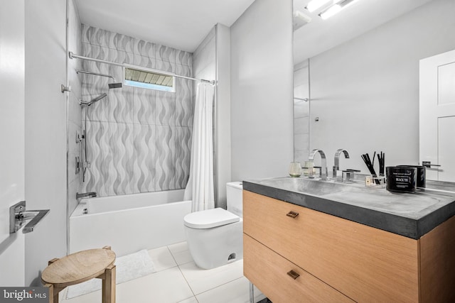 full bathroom featuring vanity, tile patterned floors, shower / bath combo with shower curtain, and toilet