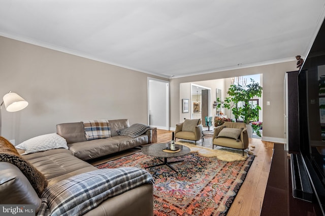 living room featuring crown molding and wood-type flooring