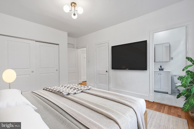 bedroom with wood-type flooring, sink, and a closet