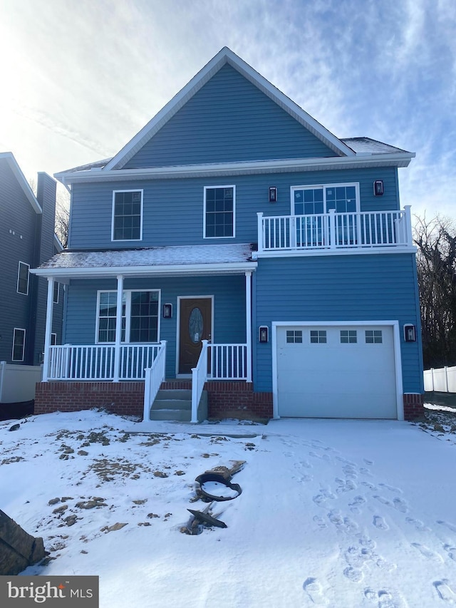 front facade with a porch and a garage