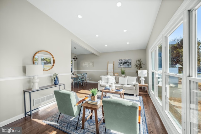 living room with dark hardwood / wood-style floors