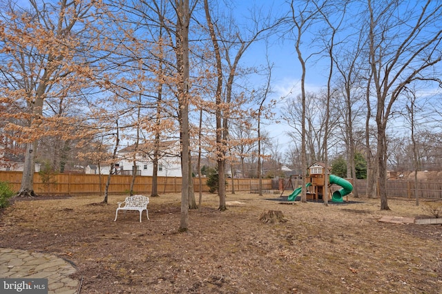 view of yard featuring a fenced backyard and a playground