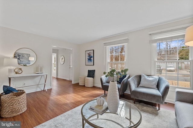 living area with wood finished floors, a wealth of natural light, and baseboards