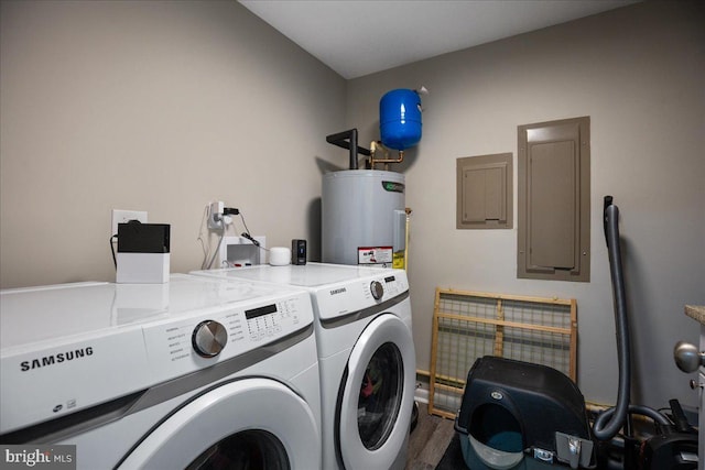 laundry room with electric water heater, electric panel, and washer and clothes dryer