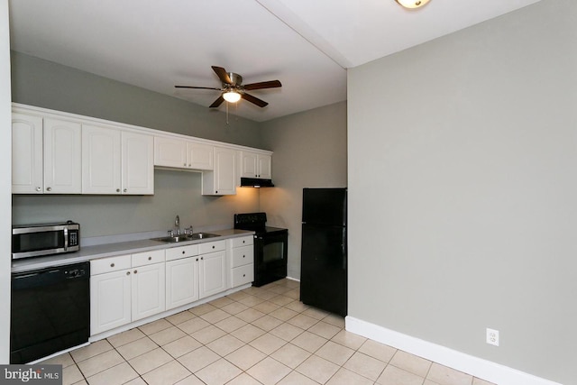 1812 Mcculloh St, Baltimore, MD 21217 - kitchen with black appliances, a sink, a ceiling fan, baseboards, and white cabinets