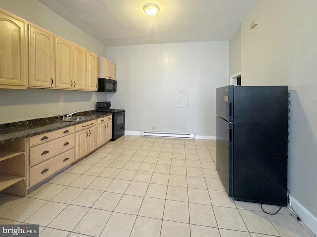 1812 Mcculloh St, Baltimore, MD 21217 - kitchen with black appliances, light brown cabinetry, a sink, a baseboard heating unit, and light tile patterned floors