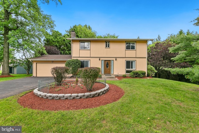 11501 Piney Lodge Rd, North Potomac, MD 20878 - view of front of house featuring a chimney, asphalt driveway, an attached garage, a front lawn, and stucco siding